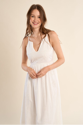 Robe mi-longue en coton, broderies ajourées