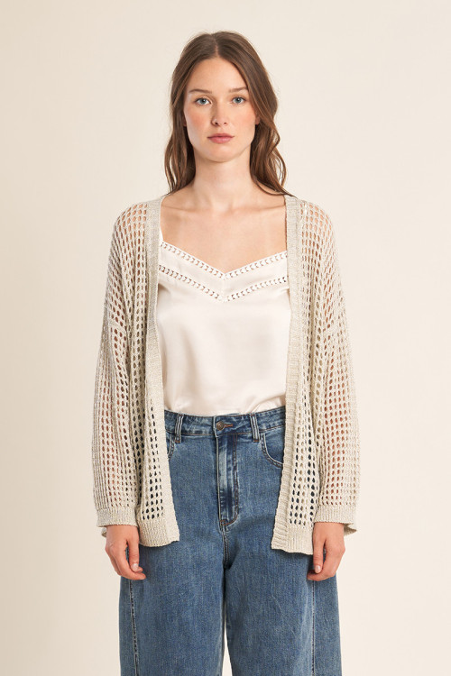 Iridescent and semi-transparent knit cardigan
