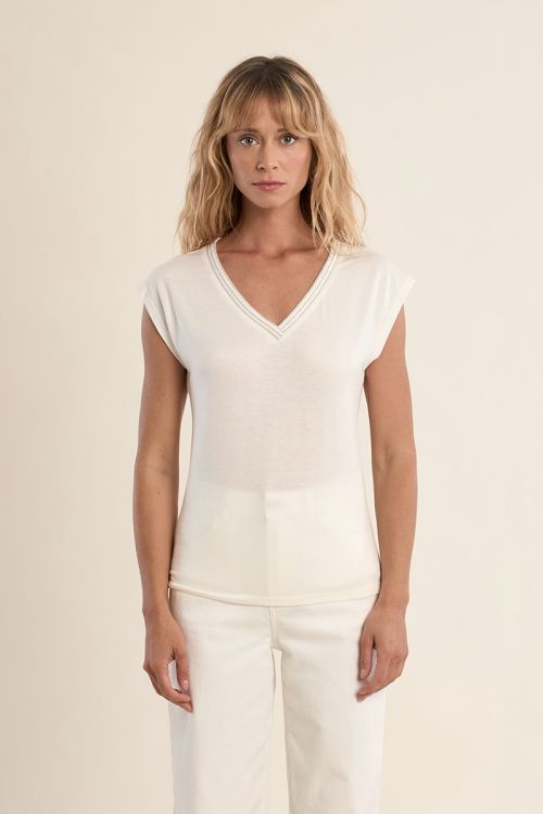 T-shirt à col V, orné de strass