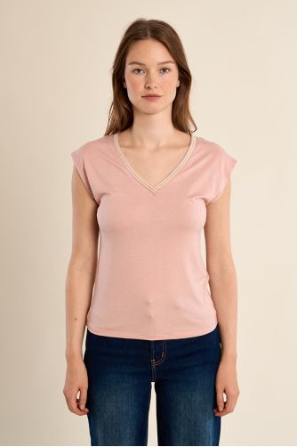 V-neck T-shirt, embellished with rhinestones