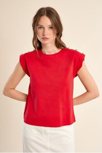 Camiseta de mujer de manga corta, detalle botones.