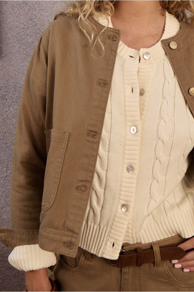 Veste en denim marron, col rond