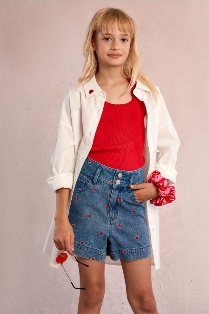 Denim shorts with heart embroidery
