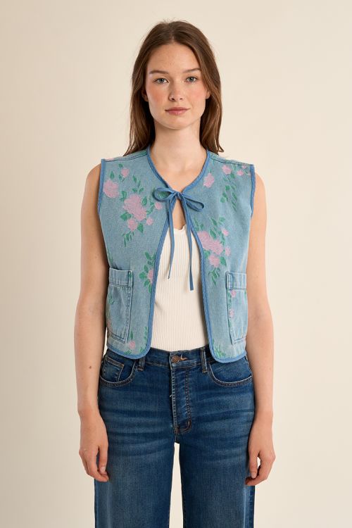 Chaleco de mujer corto, con estampado y lazada.