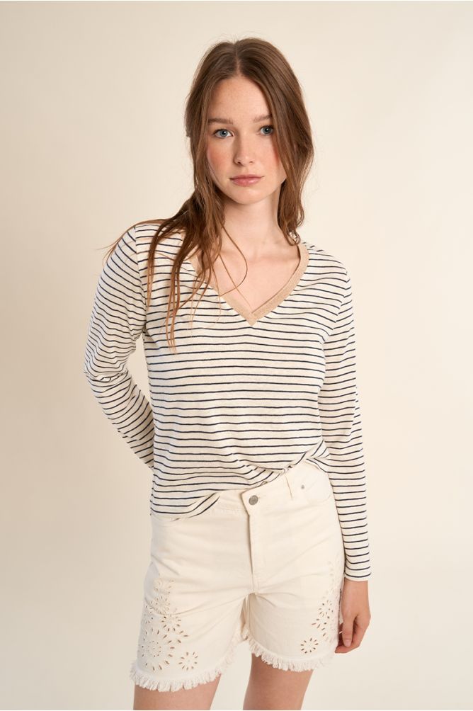 Camiseta de mujer de manga larga, estampado rayas.