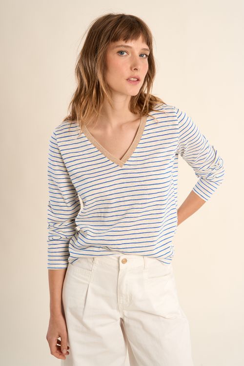 Camiseta de mujer de manga larga, estampado rayas.