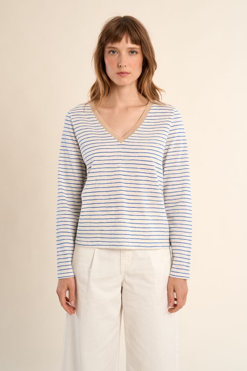 Camiseta de mujer de manga larga, estampado rayas.