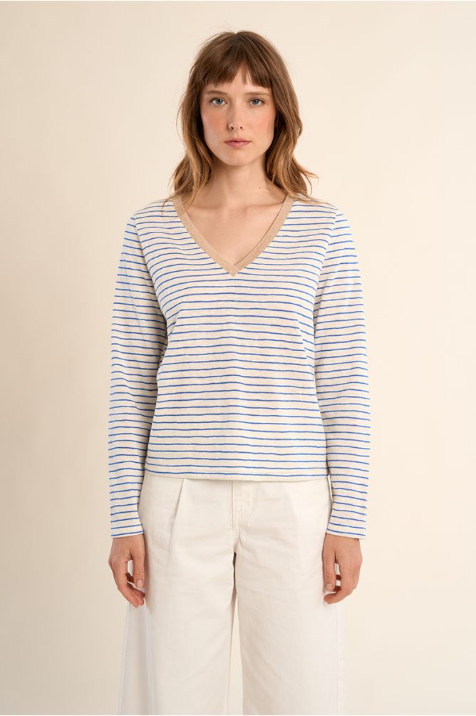 Camiseta de mujer de manga larga, estampado rayas.