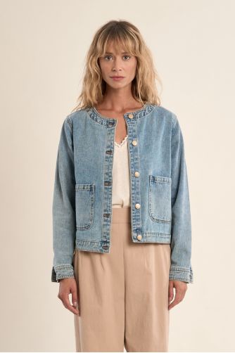 Veste en denim, col rond
