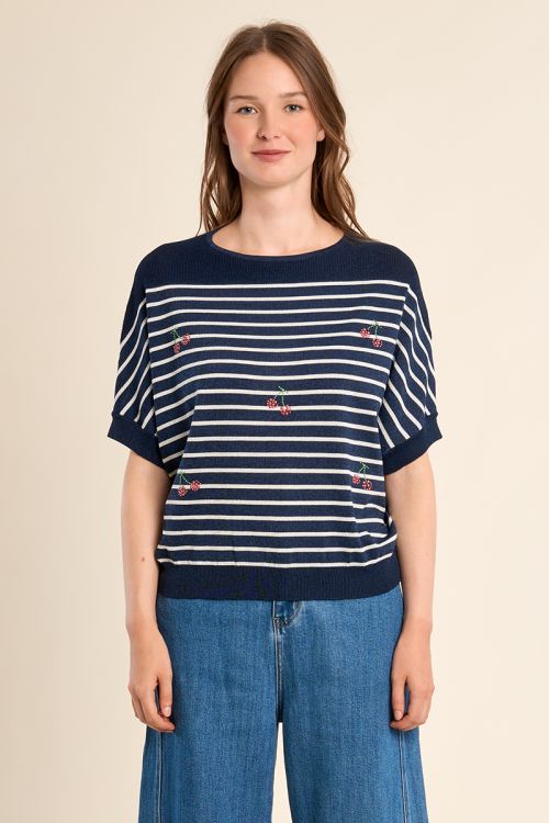Short-sleeved sailor and cherry knit