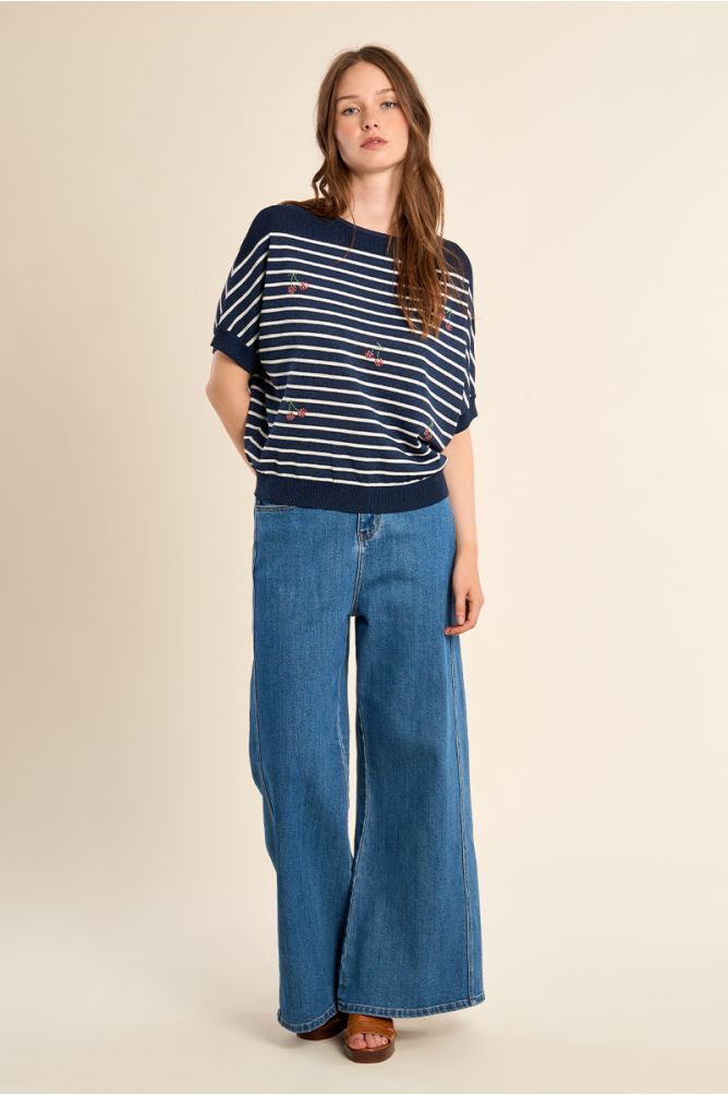 Short-sleeved sailor and cherry knit