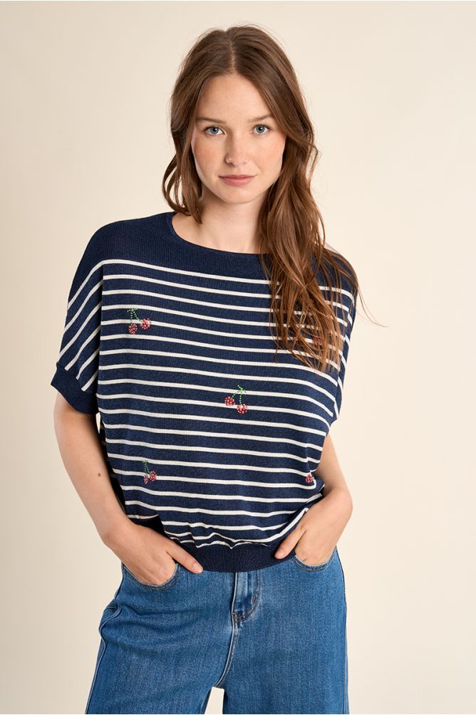 Short-sleeved sailor and cherry knit