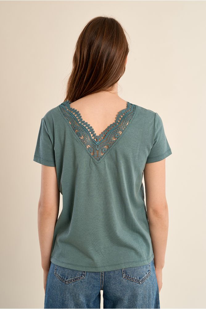 Camiseta de mujer de manga corta, detalle de encaje.