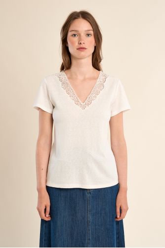 Camiseta de mujer de manga corta, detalle de encaje.