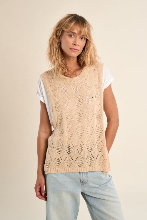 Sleeveless knit, openwork and knotted on the sides
