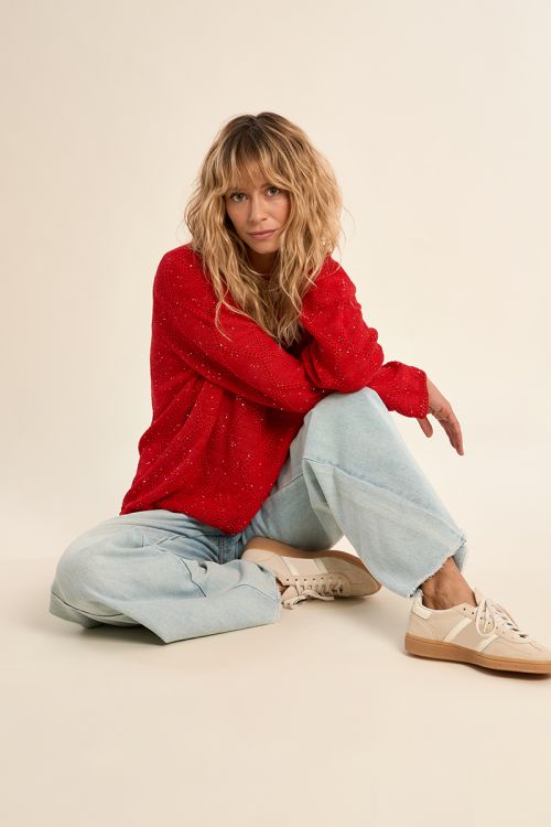 Openwork knit sweater, sprinkled with rhinestones