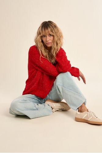 Openwork knit sweater, sprinkled with rhinestones