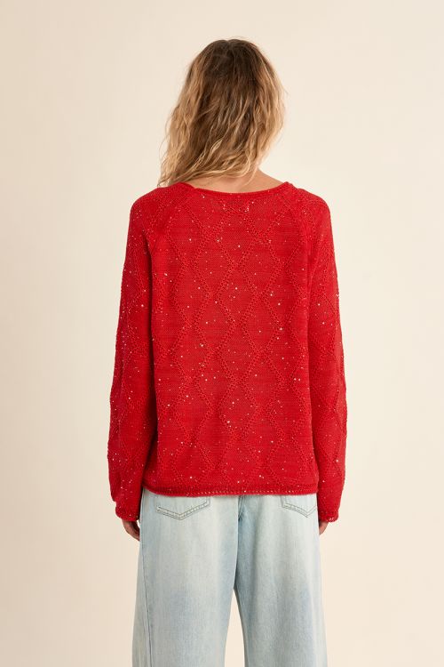 Openwork knit sweater, sprinkled with rhinestones