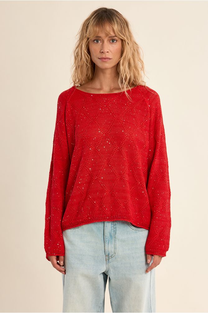 Openwork knit sweater, sprinkled with rhinestones