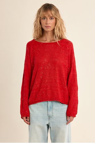 Pull en maille ajourée, parsemé de strass