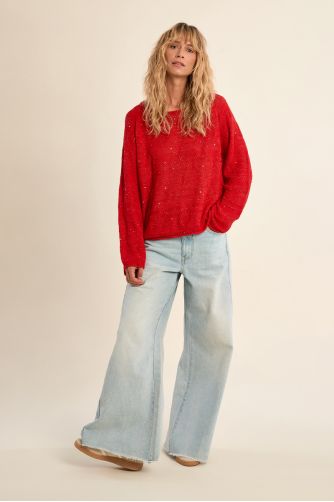 Openwork knit sweater, sprinkled with rhinestones