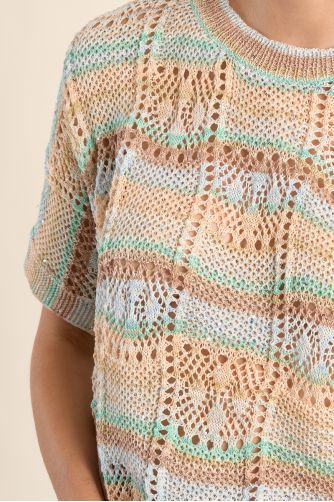 Openwork knit with short sleeves, multicoloured stripes