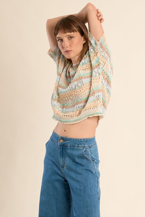 Openwork knit with short sleeves, multicoloured stripes