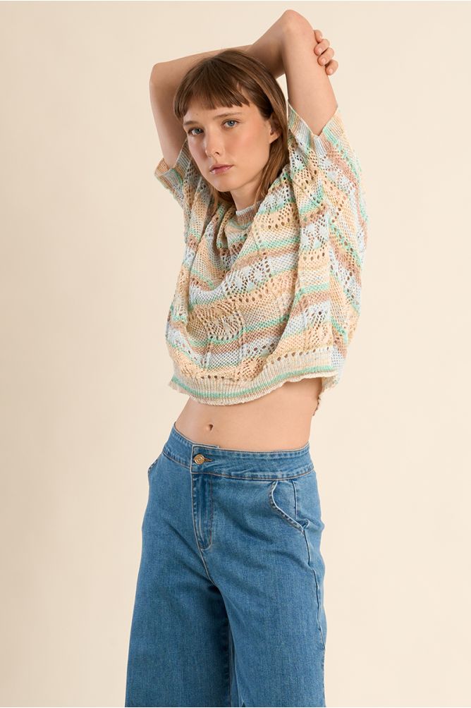 Openwork knit with short sleeves, multicoloured stripes