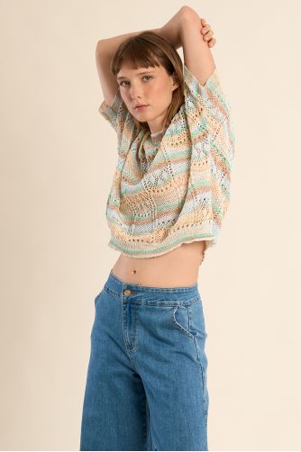 Openwork knit with short sleeves, multicoloured stripes