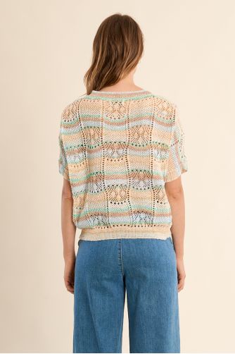 Openwork knit with short sleeves, multicoloured stripes