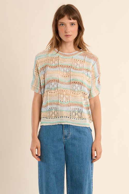 Jersey de mujer de manga corta, estampado rayas.