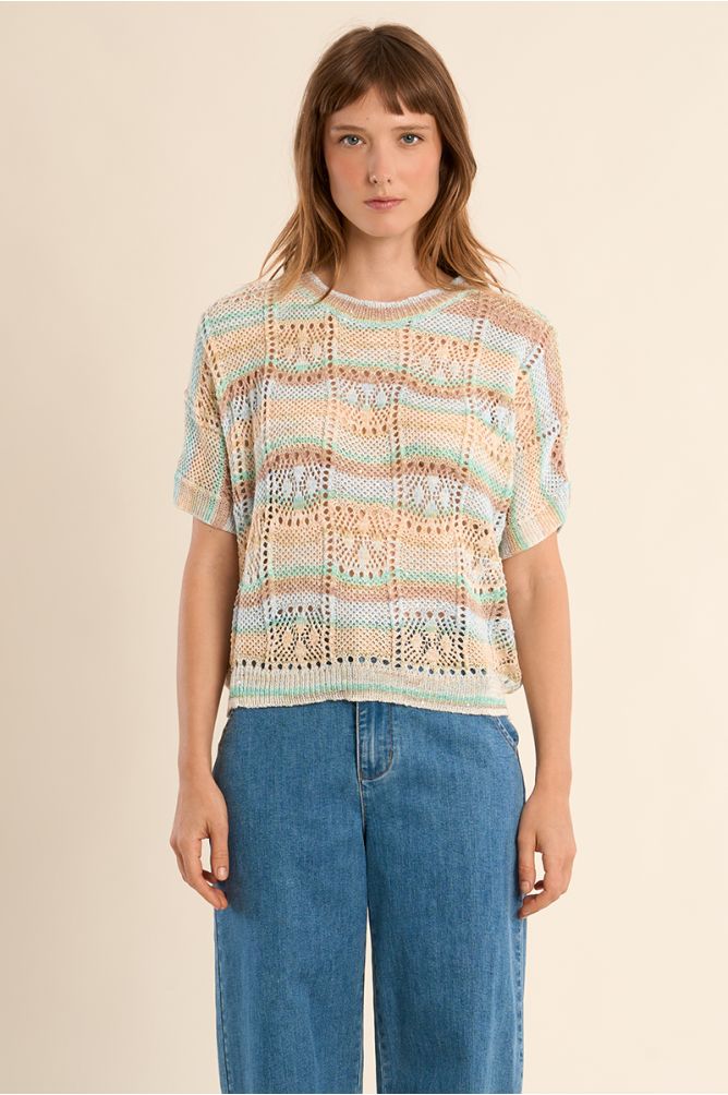 Openwork knit with short sleeves, multicoloured stripes