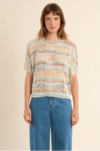 Maille ajourée manches courtes, rayée multicolore