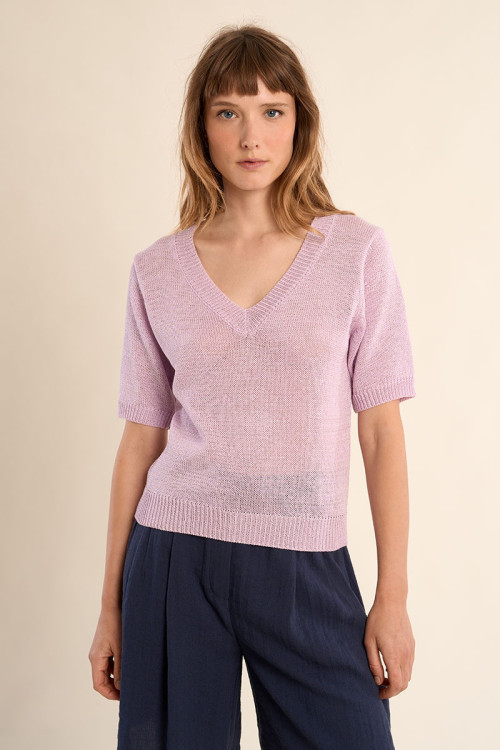 Jersey de mujer de manga corta, escote en V.