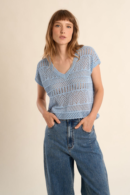 Jersey de mujer de manga corta, en punto calado.