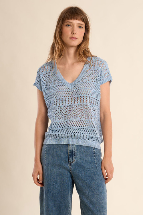 Jersey de mujer de manga corta, en punto calado.