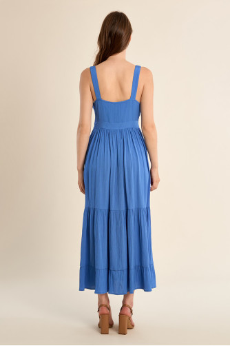 Vestido largo, de tirantes, detalle volantes.