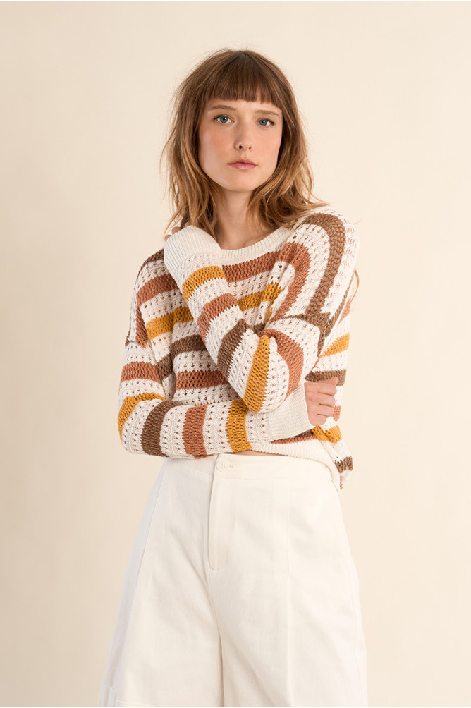 Openwork knit sweater, striped