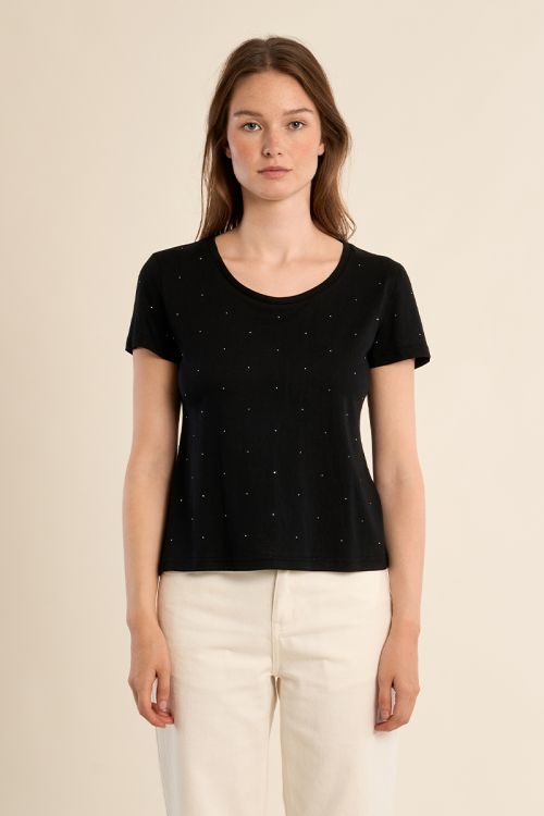 Camiseta de mujer de manga corta, detalle brillantitos.