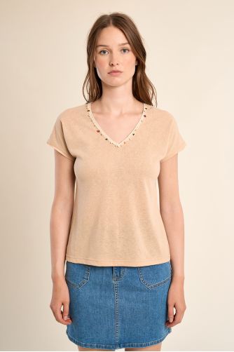 T-shirt col V, avec broderie et perles