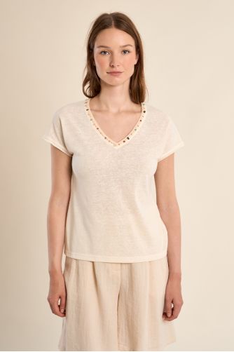T-shirt col V, avec broderie et perles