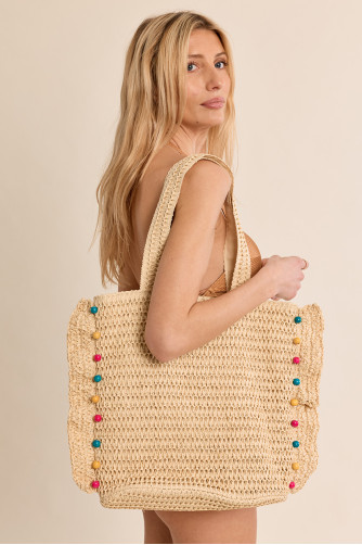Raffia tote bag studded with pearls