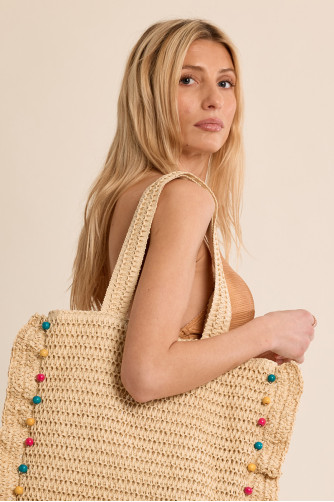 Raffia tote bag studded with pearls