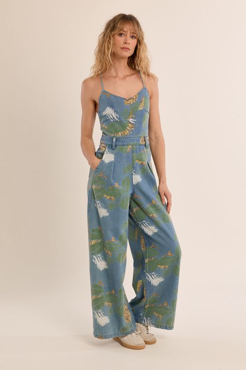Printed denim jumpsuit