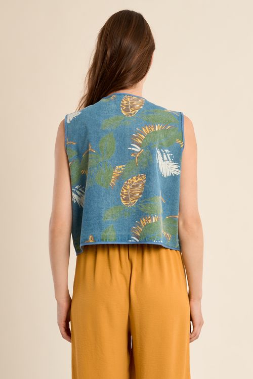 Chaleco de mujer corto, con estampado y lazada.