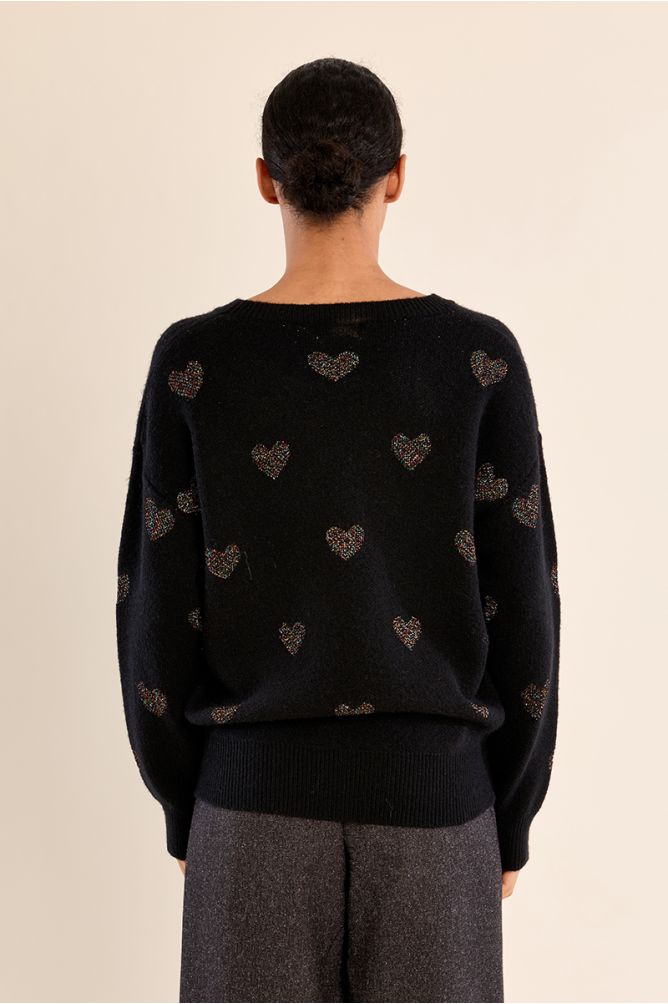 Pull en maille, cœurs pailletés