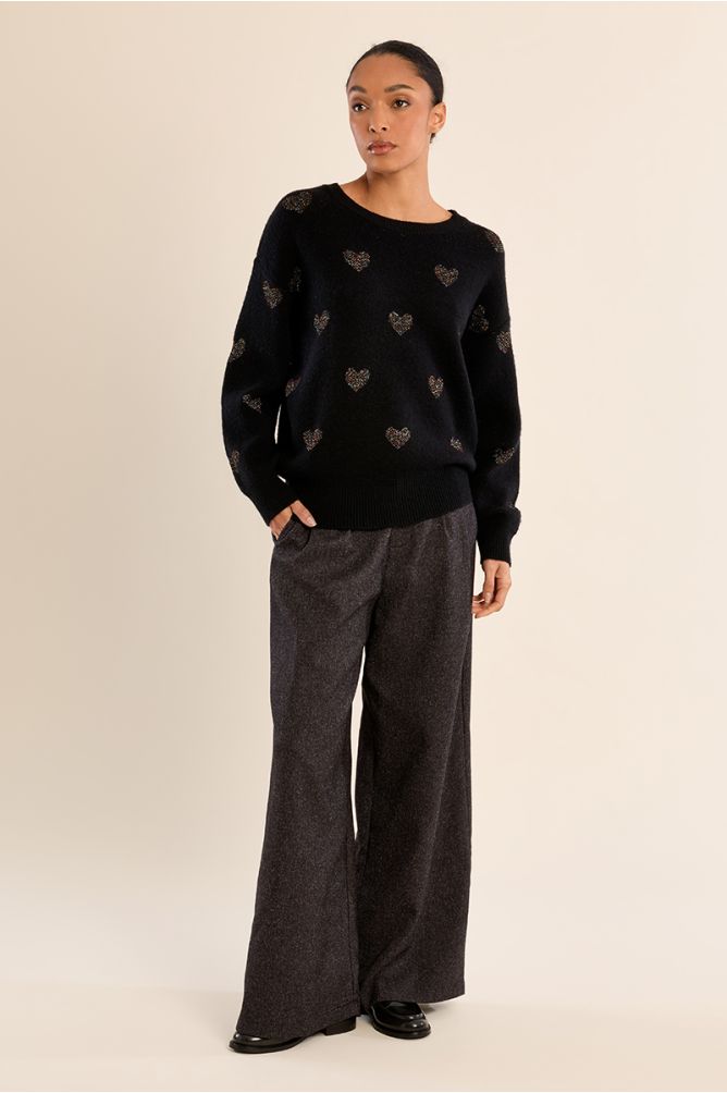 Pull en maille, cœurs pailletés