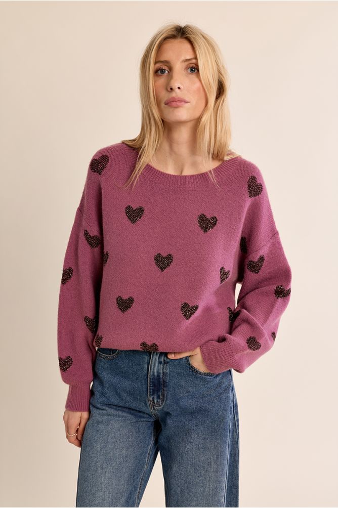 Pull en maille, cœurs pailletés