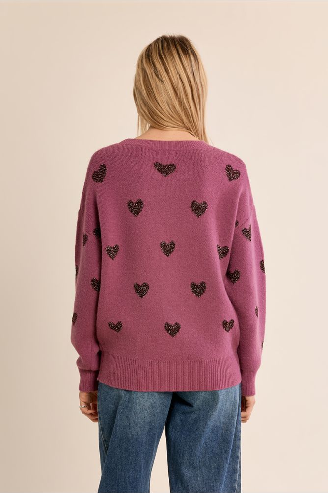 Pull en maille, cœurs pailletés