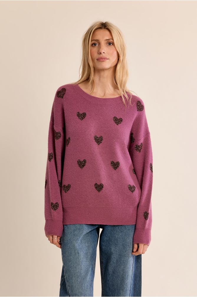 Pull en maille, cœurs pailletés